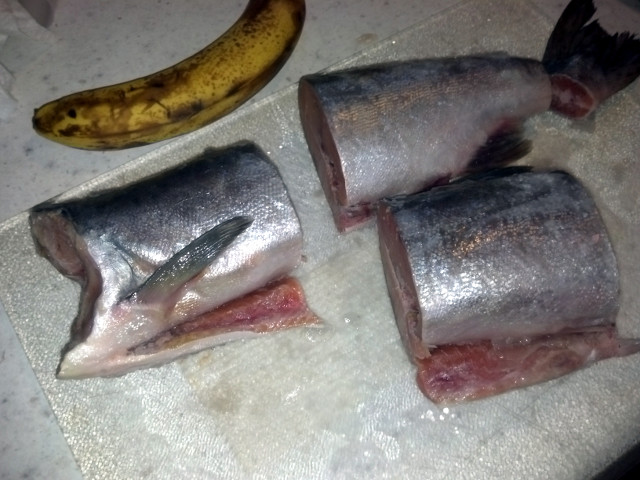 A salmon cut into pieces