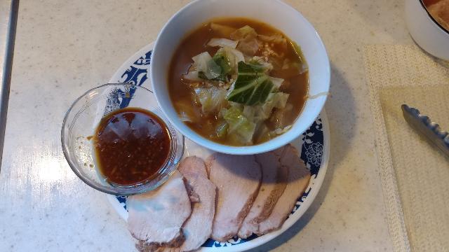 A delicious dinner of sous vide pork loin,
cooked cabbage and ramen that cost about $0.40!